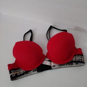 Victoria Secret PINK Logo Strap Bombshell Red Push-Up Swim Top. 32-A